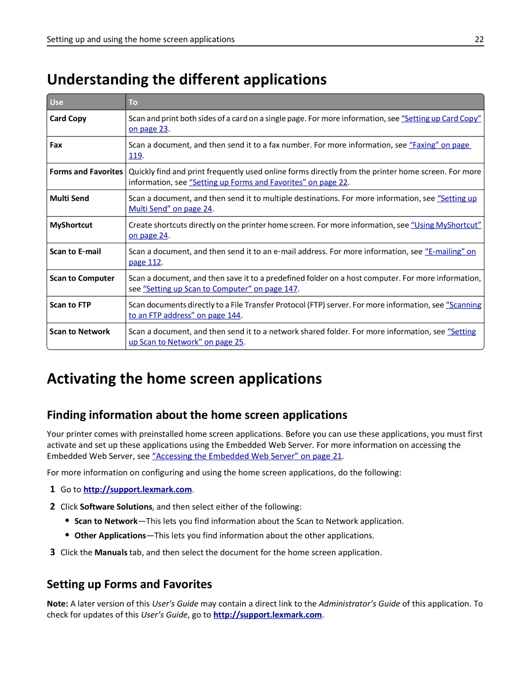 Lexmark 24T7401, MX711DTHE, MX710DE manual Understanding the different applications, Activating the home screen applications 