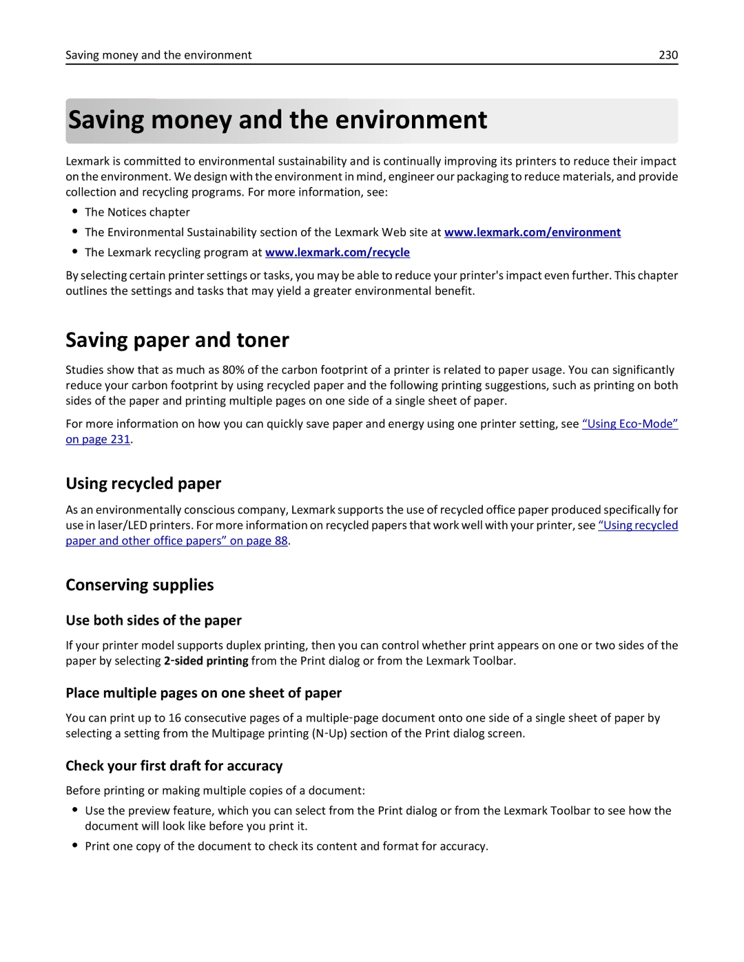 Lexmark MX711DE manual Saving money and the environment, Saving paper and toner, Using recycled paper, Conserving supplies 