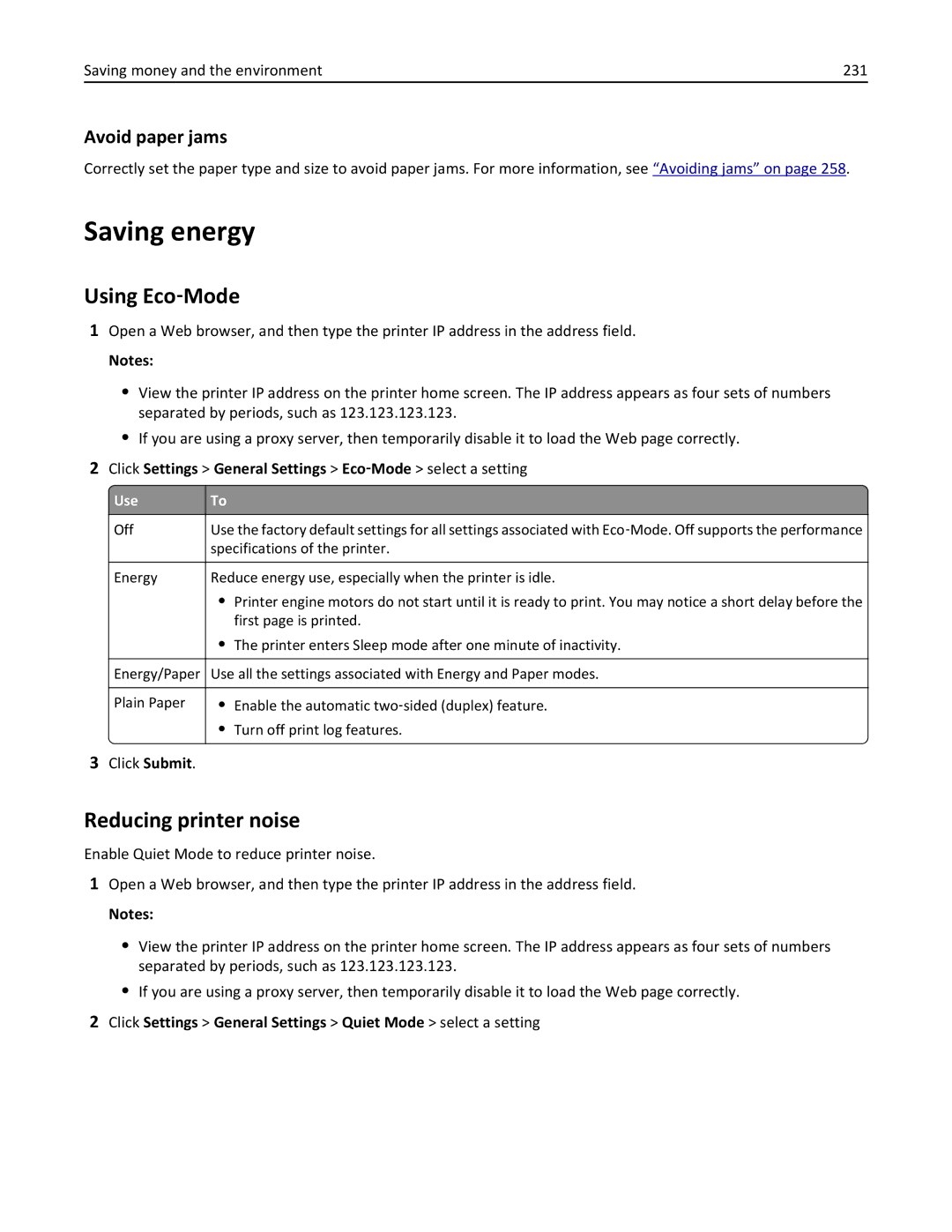 Lexmark 24T7406, MX711DTHE, MX710DE, MX711DE, 24T7401 Saving energy, Using Eco‑Mode, Reducing printer noise, Avoid paper jams 