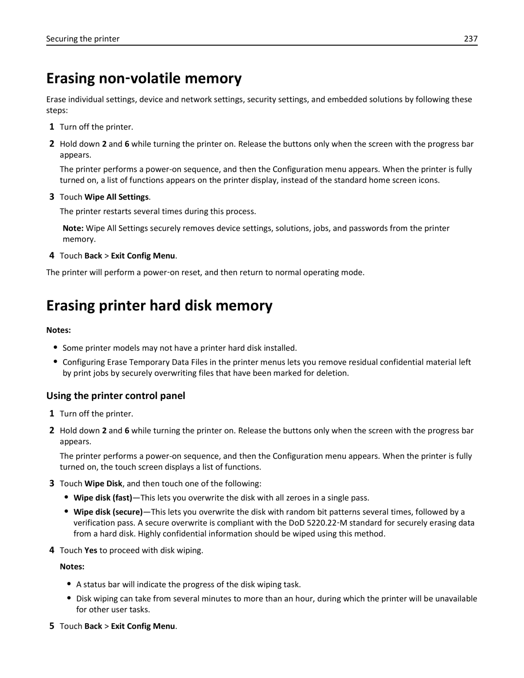 Lexmark 24T7406, MX711DTHE Erasing non‑volatile memory, Erasing printer hard disk memory, Using the printer control panel 