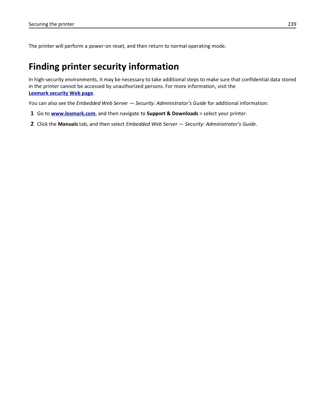 Lexmark 24TT204, MX711DTHE, MX710DE, MX711DE, 24T7406, 24T7401 manual Finding printer security information, Lexmark security Web 