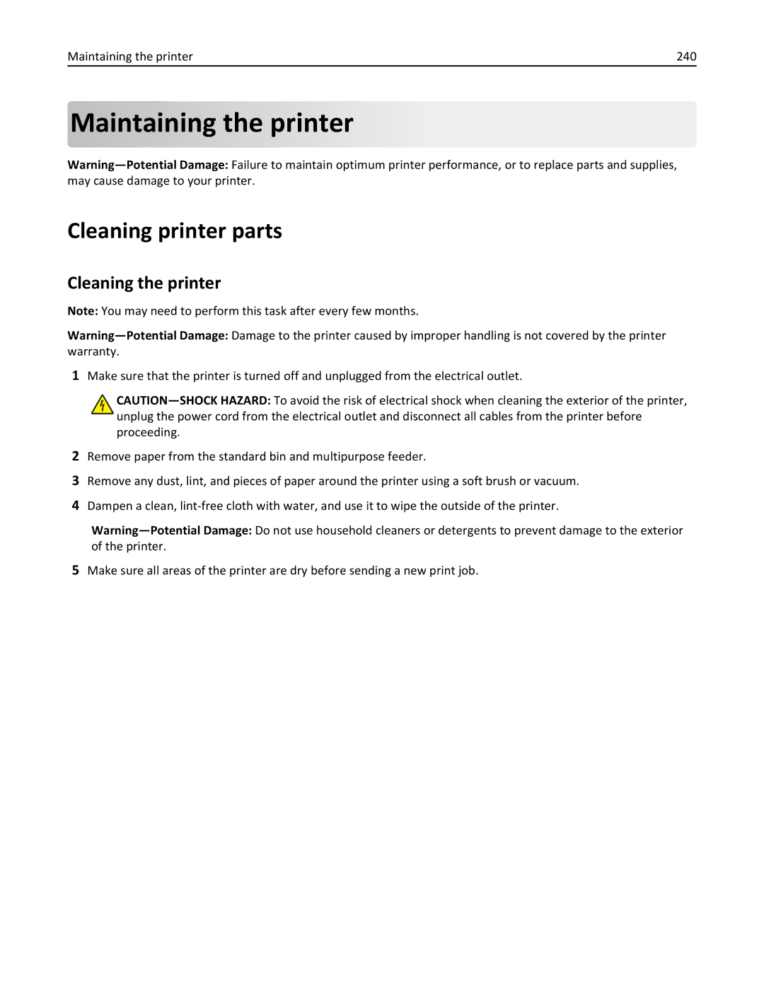 Lexmark MX711DTHE, MX710DE, MX711DE, 24T7406 Cleaning printer parts, Cleaning the printer, Maintaining the printer 240 