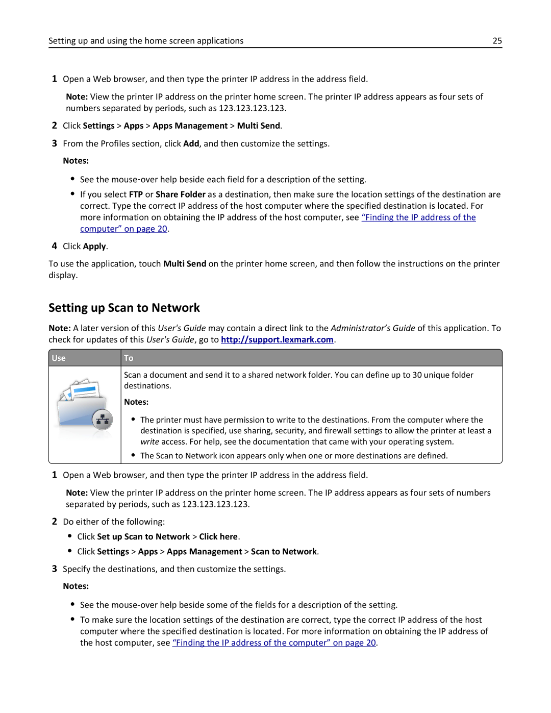 Lexmark MX710DE, MX711DTHE, MX711DE manual Setting up Scan to Network, Click Settings Apps Apps Management Multi Send, UseTo 