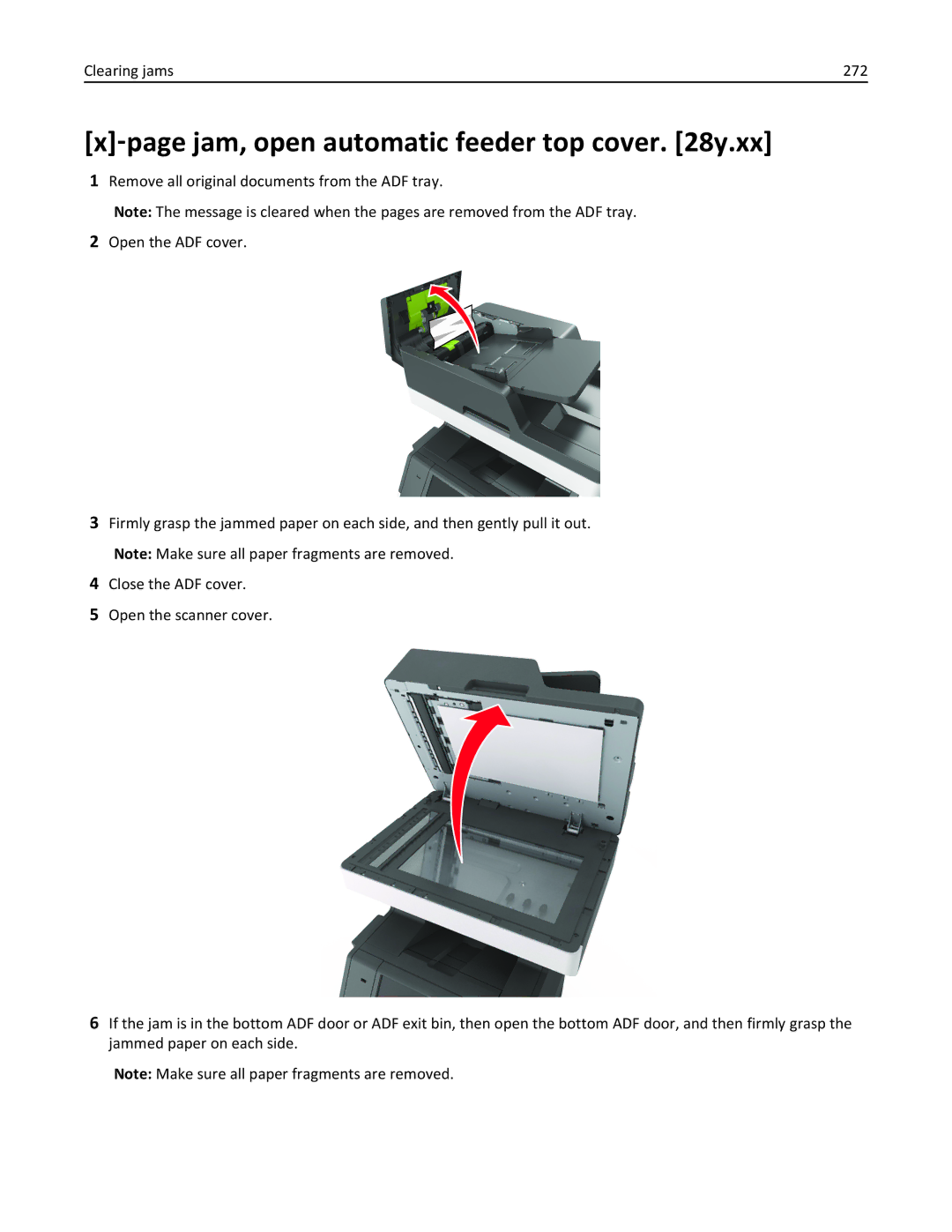 Lexmark MX711DE, MX711DTHE, MX710DE, 24T7406, 24T7401 manual ‑page jam, open automatic feeder top cover y.xx, Clearing jams 272 