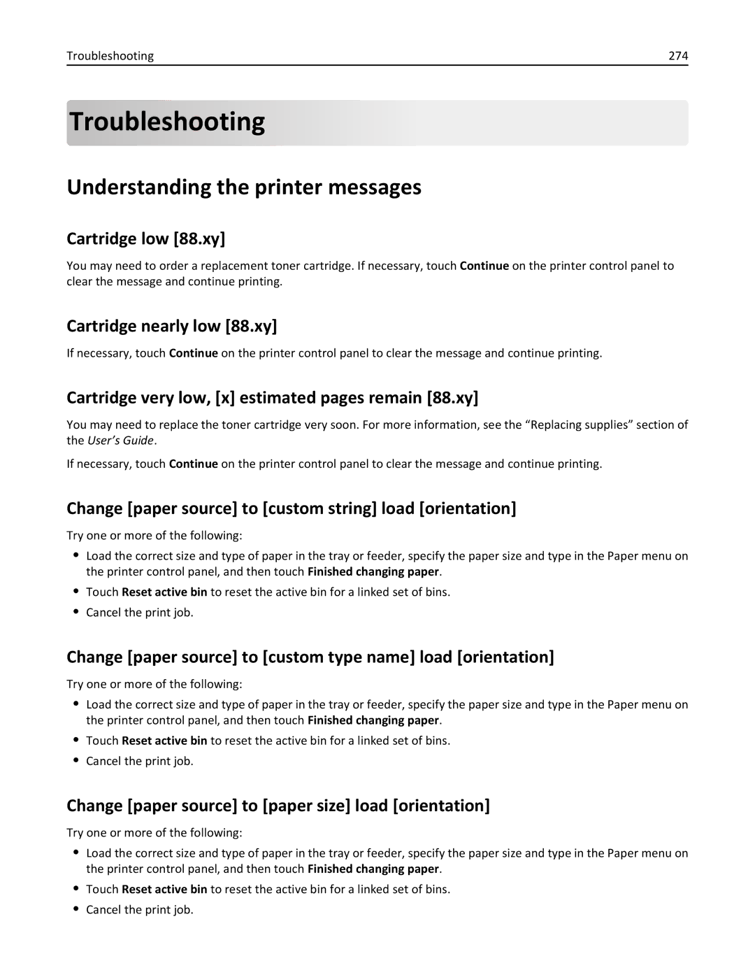 Lexmark 24T7401, MX711DTHE, MX710DE, MX711DE, 24T7406, 24TT204 manual Troubleshooting, Understanding the printer messages 