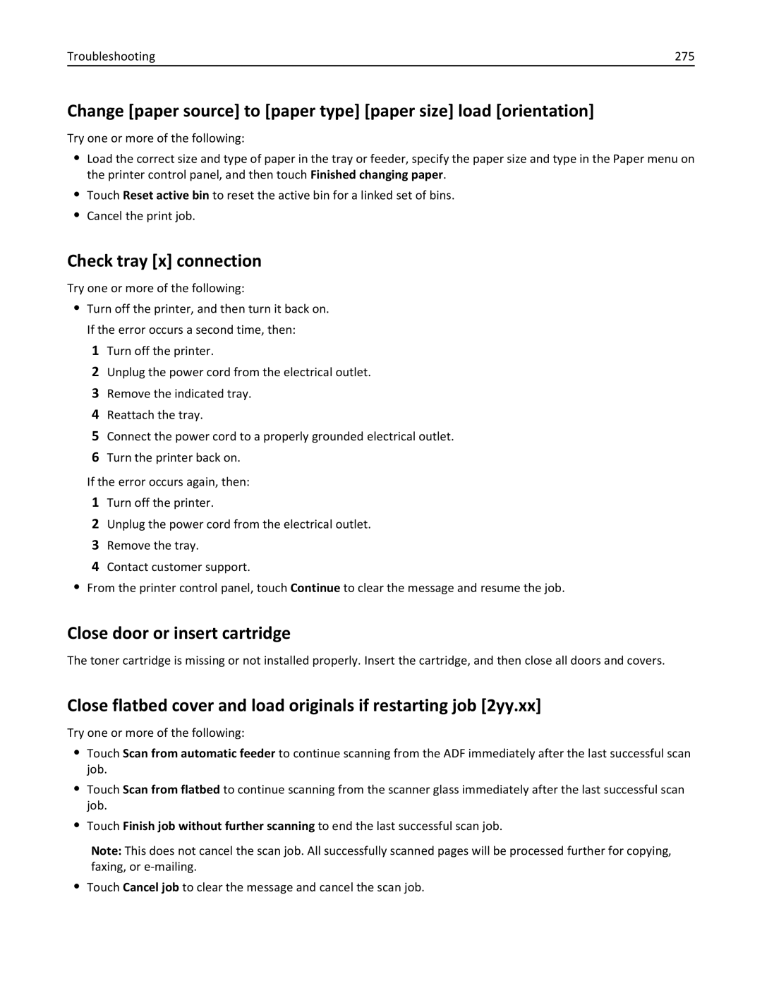Lexmark 24TT204, MX711DTHE, MX710DE, MX711DE Check tray x connection, Close door or insert cartridge, Troubleshooting 275 