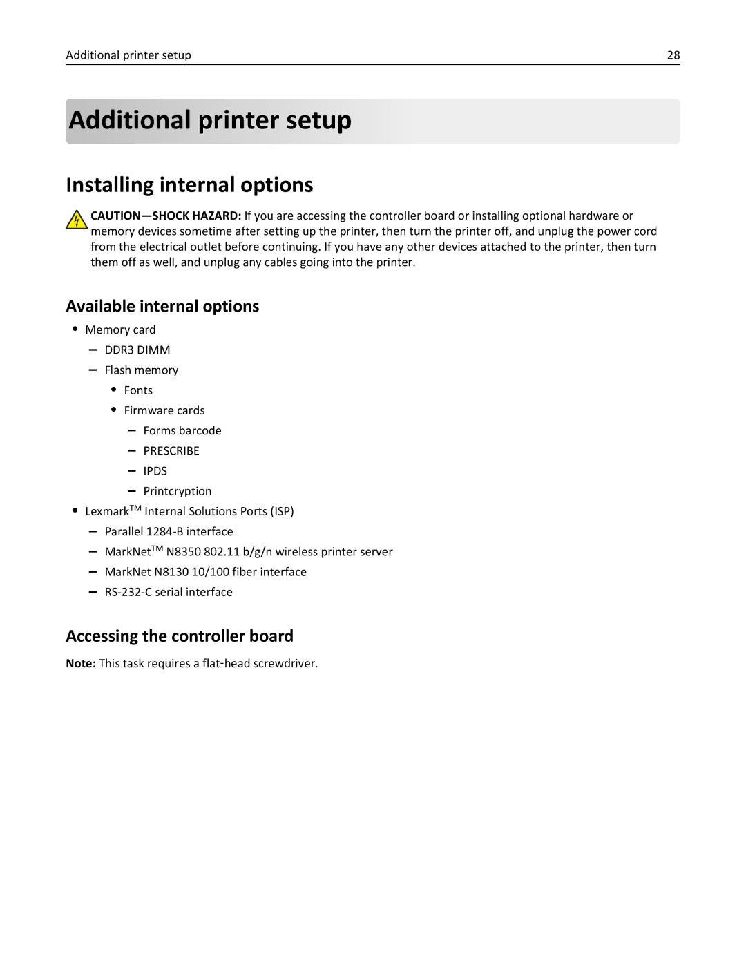 Lexmark 24T7401, MX711DTHE, MX710DE manual Additional printer setup, Installing internal options, Available internal options 