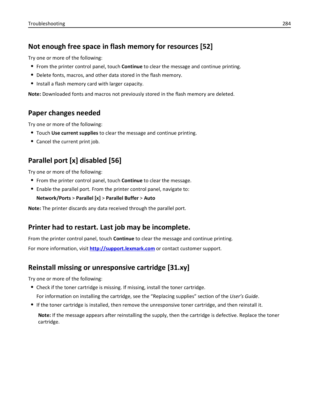 Lexmark MX711DE manual Not enough free space in flash memory for resources, Paper changes needed, Parallel port x disabled 