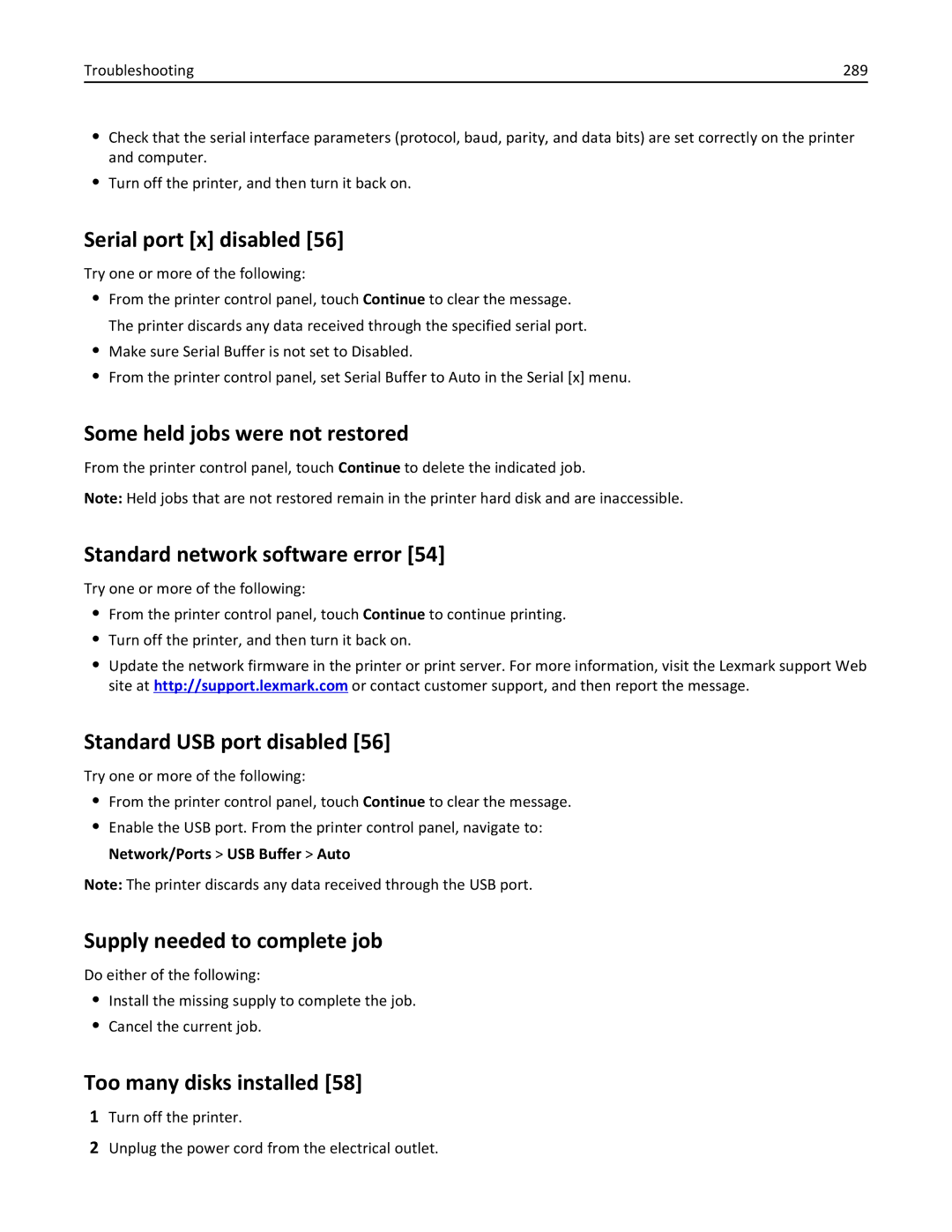 Lexmark MX710DE, MX711DTHE manual Serial port x disabled, Some held jobs were not restored, Standard network software error 