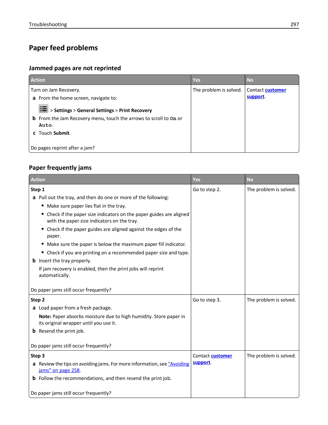 Lexmark 24T7406, MX711DTHE Paper feed problems, Jammed pages are not reprinted, Paper frequently jams, Troubleshooting 297 