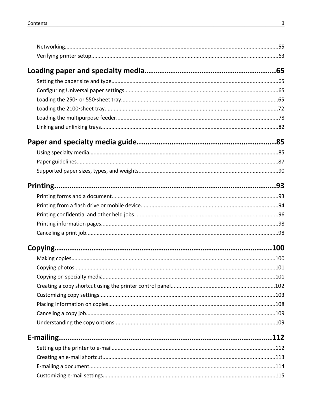 Lexmark 24T7406 Loading paper and specialty media, Paper and specialty media guide, Printing, Copying 100, Mailing 112 