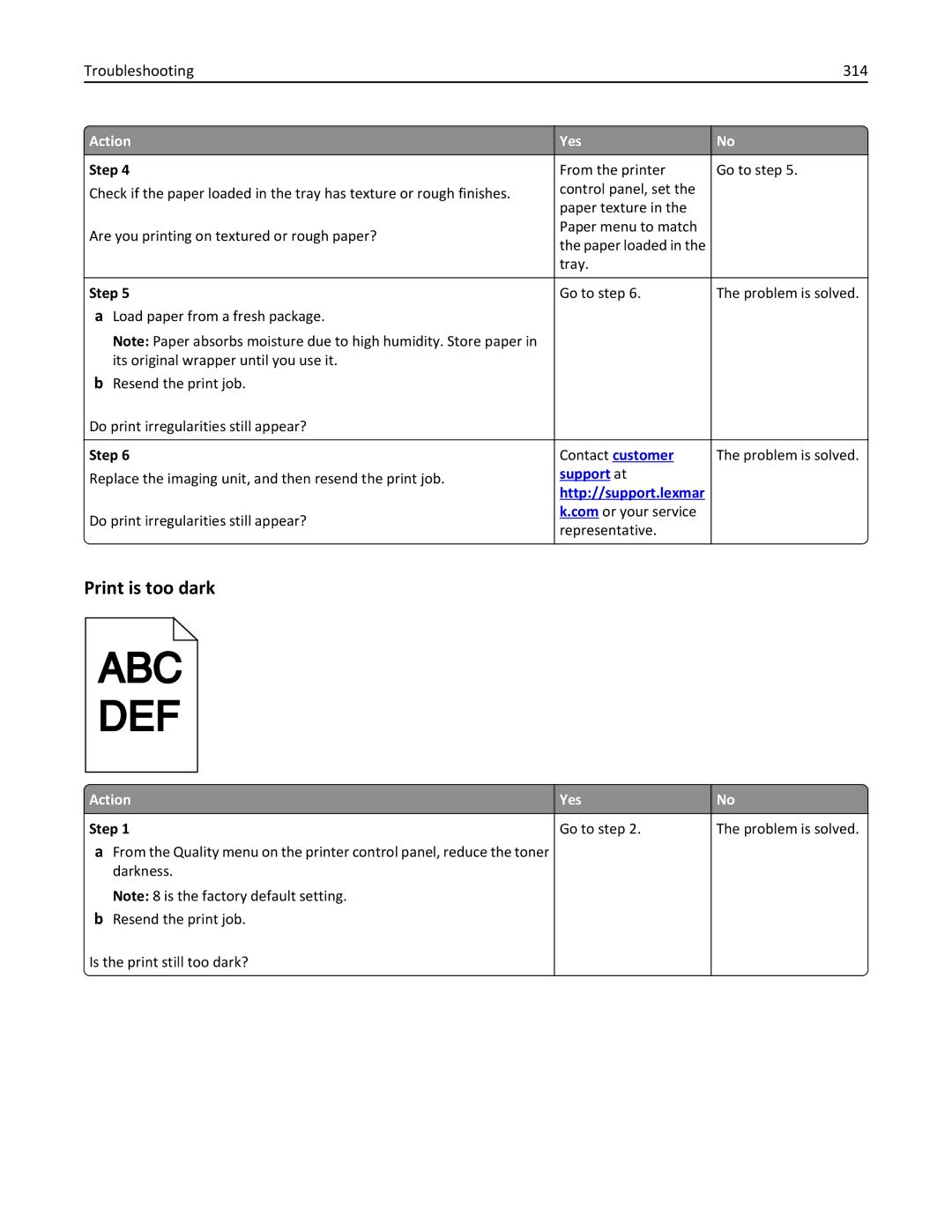 Lexmark MX711DE, MX711DTHE, MX710DE, 24T7406, 24T7401, 24TT204 manual Print is too dark, Troubleshooting 314 