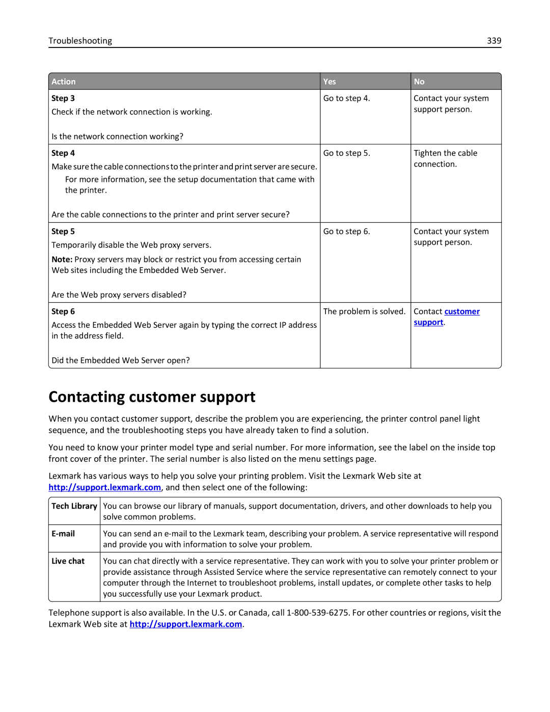 Lexmark 24T7406, MX711DTHE, MX710DE, MX711DE Contacting customer support, Troubleshooting 339, Tech Library, Mail, Live chat 