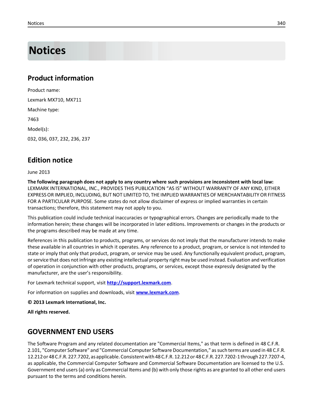 Lexmark 24T7401, MX711DTHE Product information, Edition notice, 340, June, Lexmark International, Inc All rights reserved 