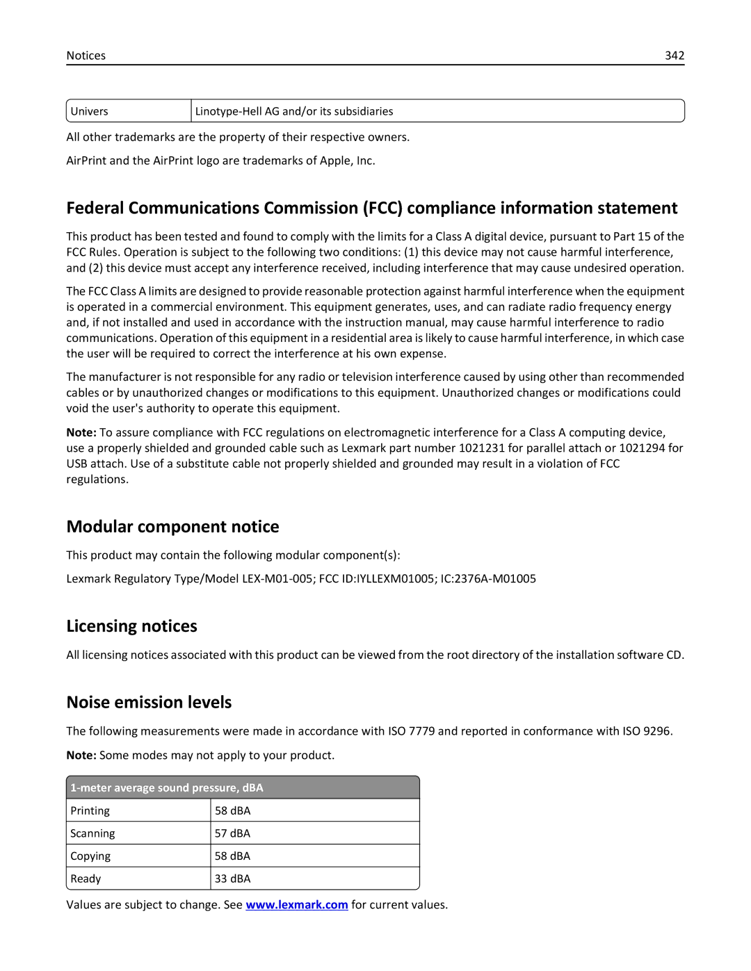 Lexmark MX711DTHE, MX710DE, MX711DE, 24T7406, 24T7401 Modular component notice, Licensing notices, Noise emission levels, 342 