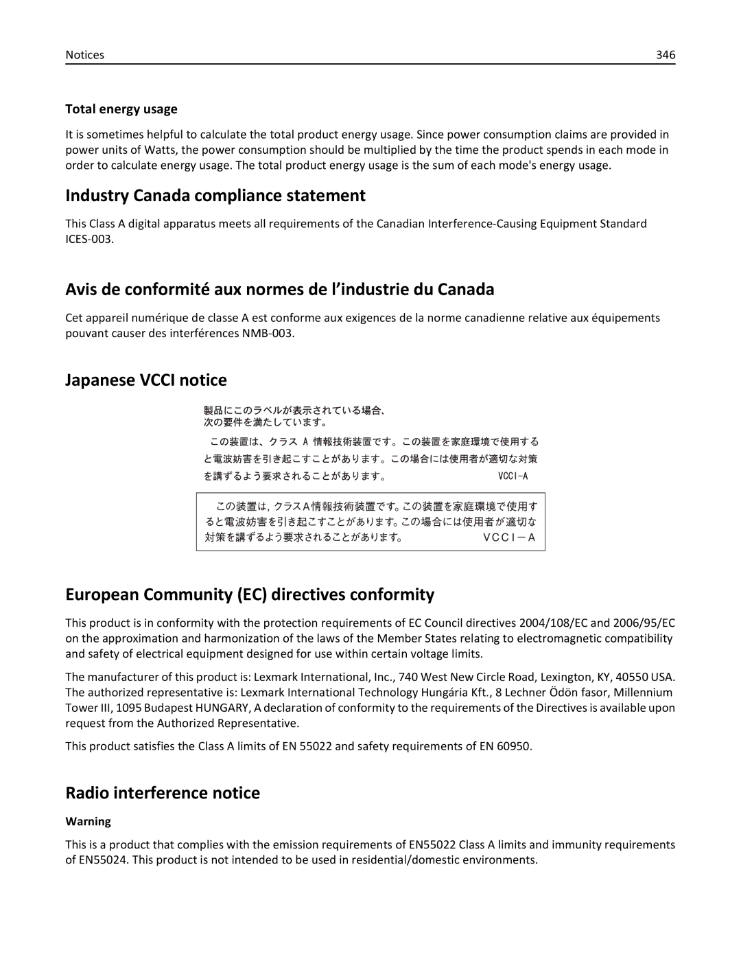 Lexmark 24T7401, MX710DE Industry Canada compliance statement, Avis de conformité aux normes de l’industrie du Canada, 346 