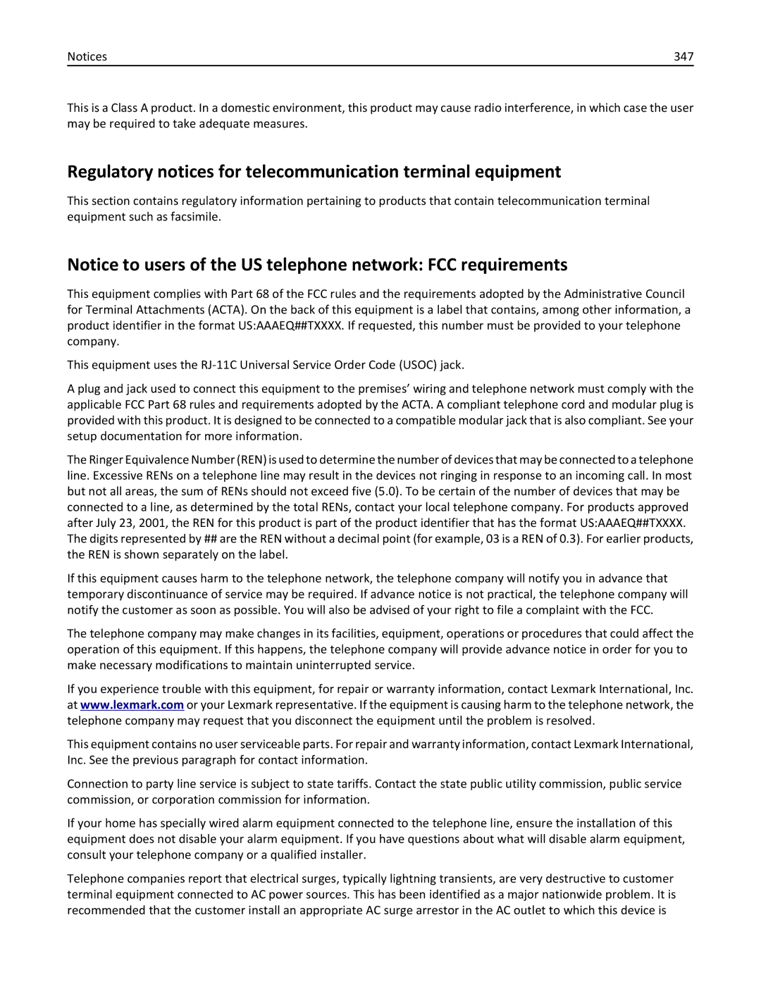 Lexmark 24TT204, MX711DTHE, MX710DE, MX711DE, 24T7406 manual Regulatory notices for telecommunication terminal equipment, 347 