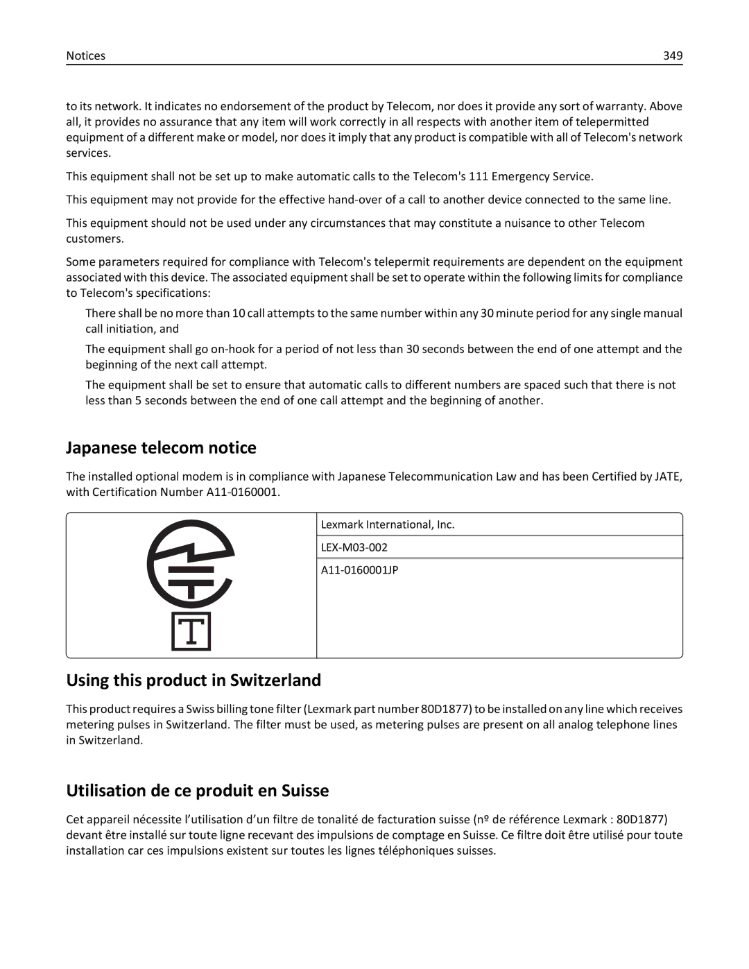 Lexmark MX710DE manual Japanese telecom notice, Using this product in Switzerland, Utilisation de ce produit en Suisse, 349 