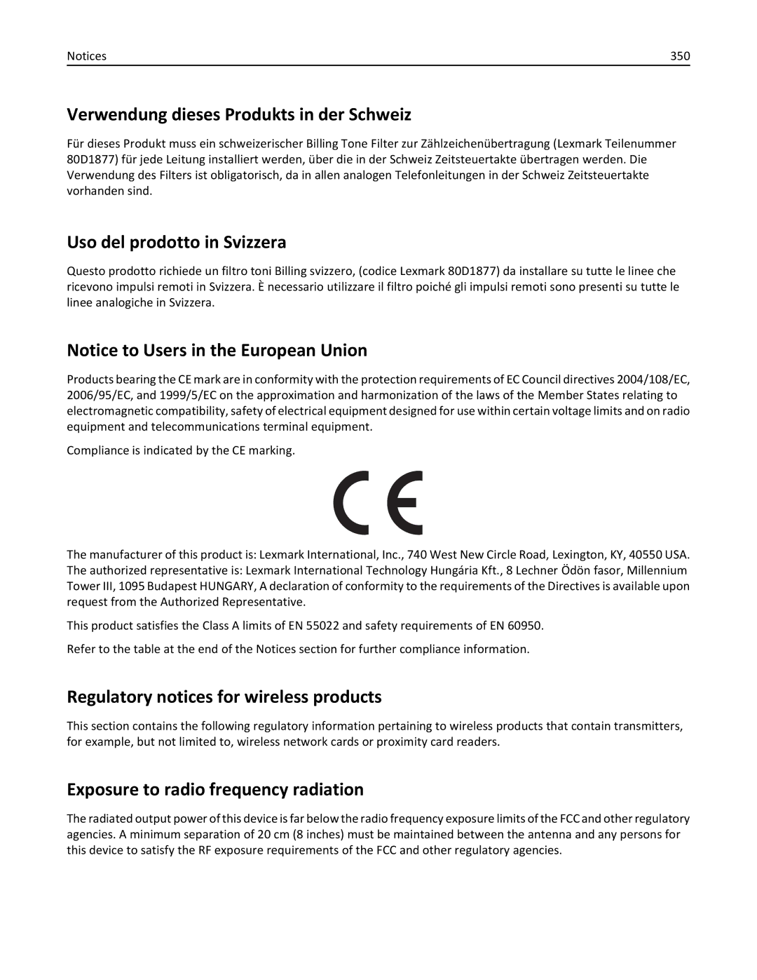 Lexmark MX711DE, MX711DTHE, MX710DE, 24T7406 Verwendung dieses Produkts in der Schweiz, Uso del prodotto in Svizzera, 350 