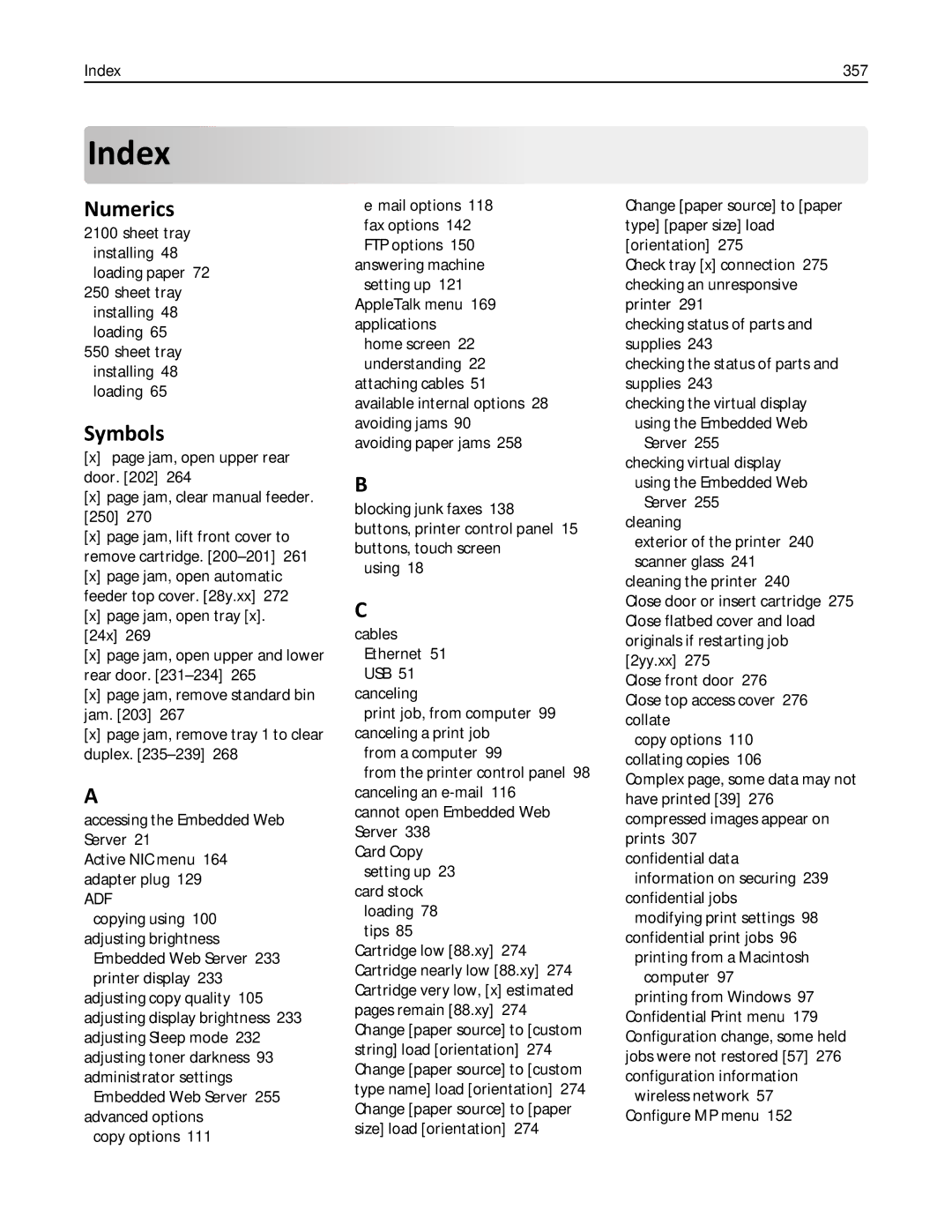 Lexmark 24T7406, MX711DTHE, MX710DE, MX711DE, 24T7401, 24TT204 manual Numerics, Symbols, Index 357 