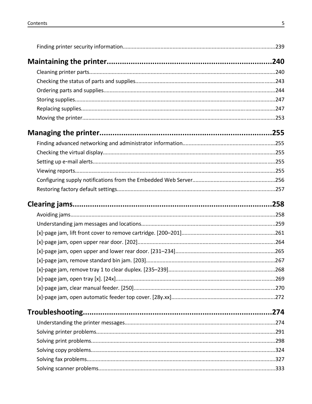 Lexmark 24TT204, MX711DTHE Maintaining the printer 240, Managing the printer 255, Clearing jams 258, Troubleshooting 274 