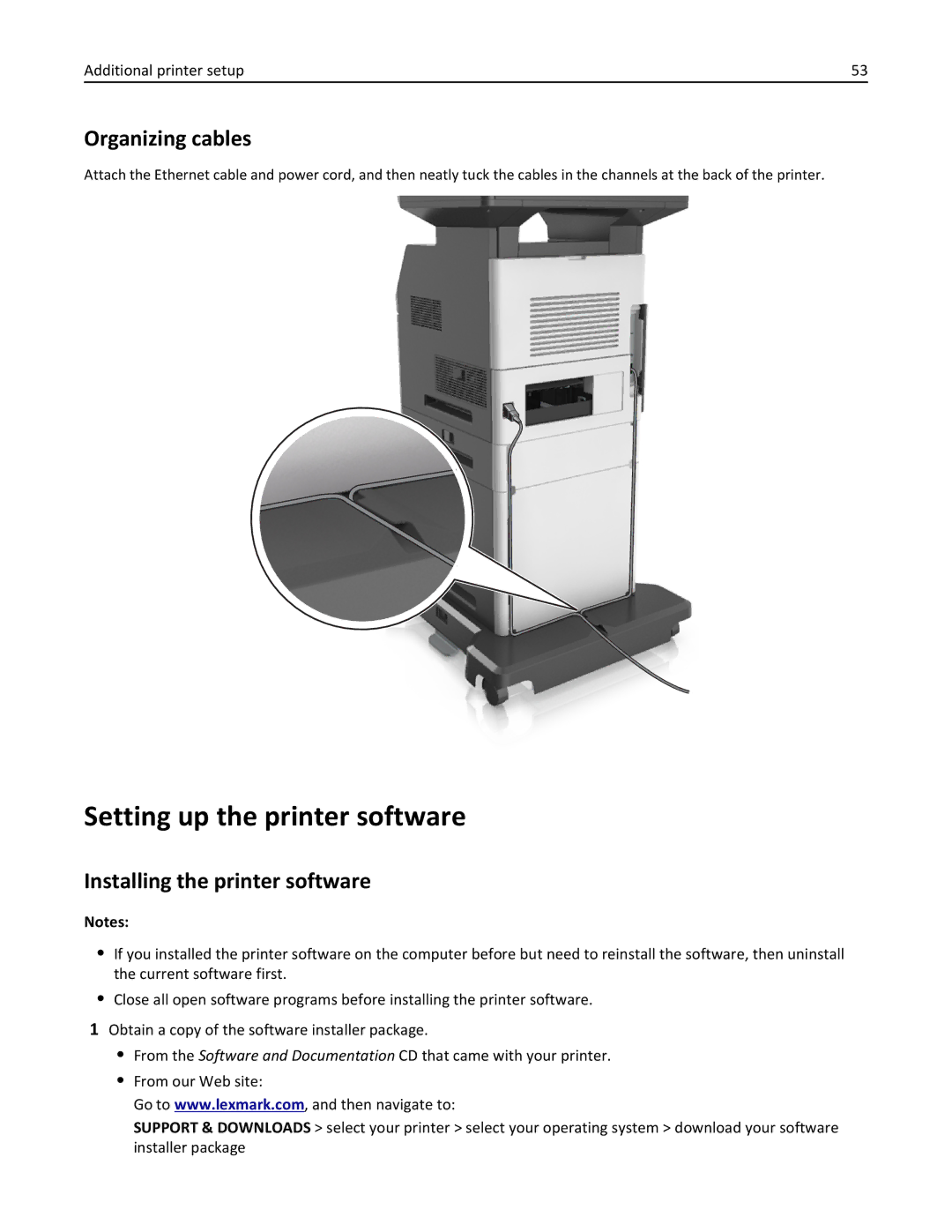 Lexmark 24TT204, MX711DTHE, MX710DE Setting up the printer software, Organizing cables, Installing the printer software 