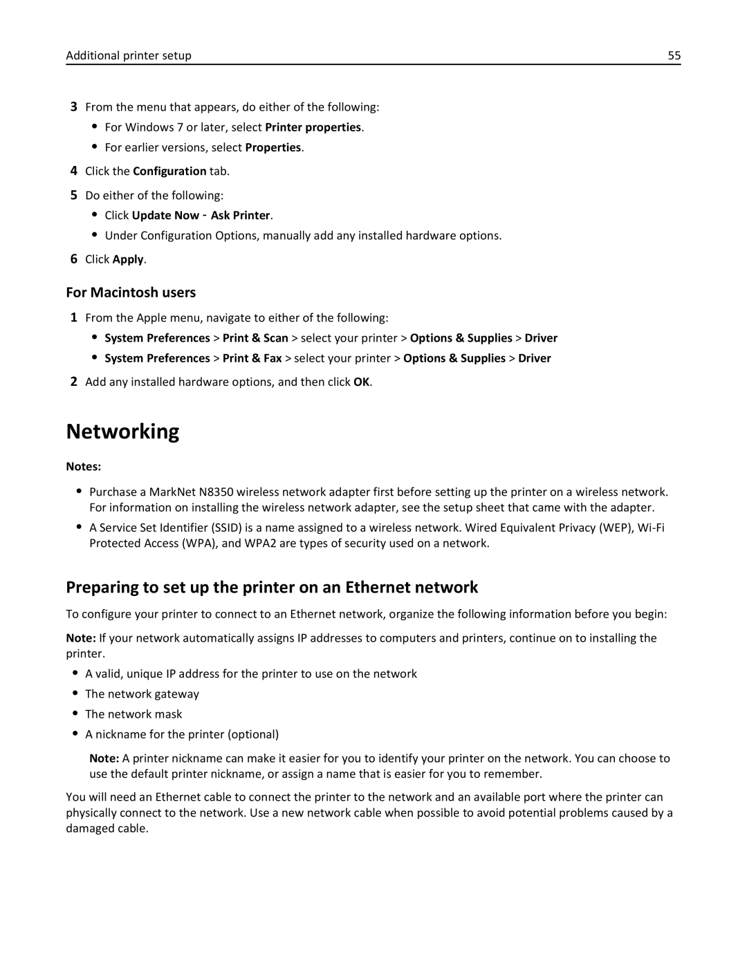 Lexmark MX710DE manual Networking, Preparing to set up the printer on an Ethernet network, Click Update Now ‑ Ask Printer 