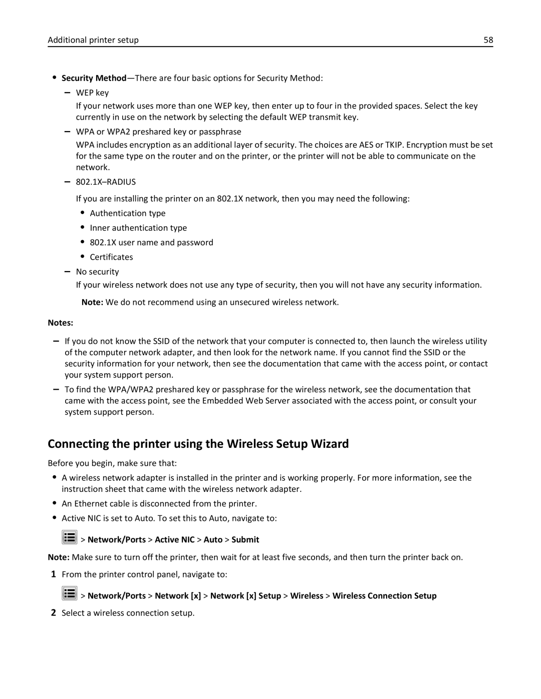 Lexmark 24T7401, MX711DTHE Connecting the printer using the Wireless Setup Wizard, Network/Ports Active NIC Auto Submit 