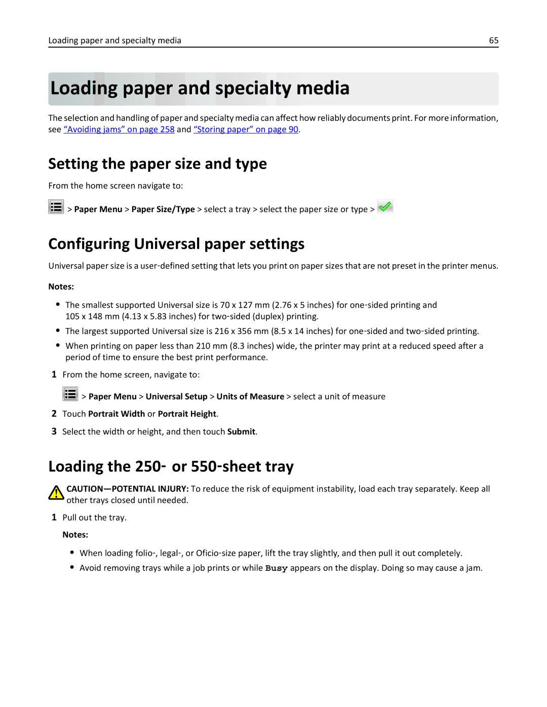 Lexmark 24TT204 Loading paper and specialty media, Setting the paper size and type, Configuring Universal paper settings 