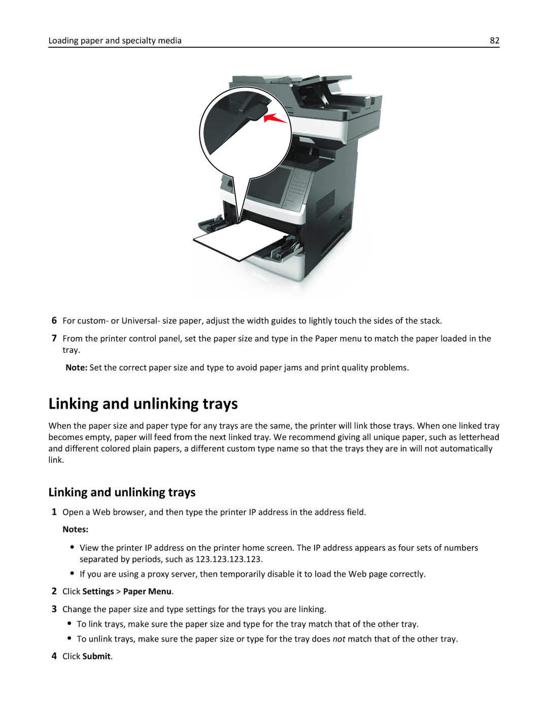 Lexmark 24T7401, MX711DTHE, MX710DE, MX711DE, 24T7406, 24TT204 manual Linking and unlinking trays, Click Settings Paper Menu 