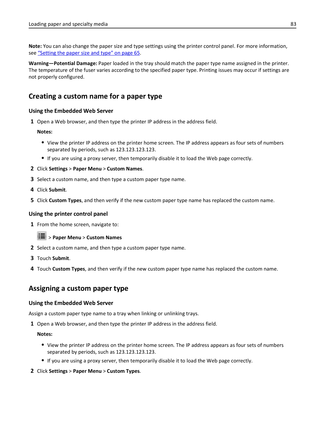 Lexmark 24TT204 Creating a custom name for a paper type, Assigning a custom paper type, Using the Embedded Web Server 