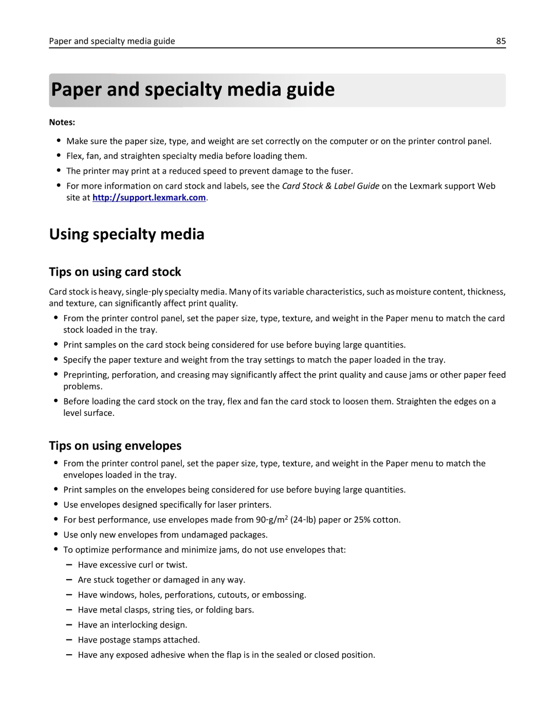 Lexmark MX710DE Paper and specialty media guide, Using specialty media, Tips on using card stock, Tips on using envelopes 