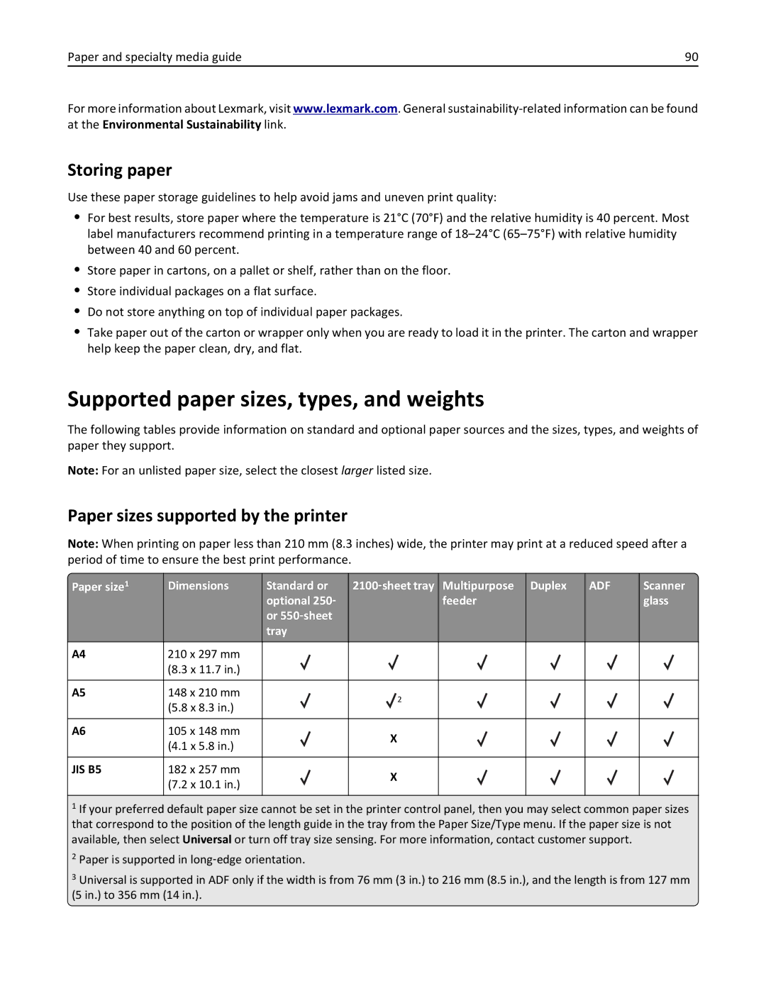 Lexmark MX711DTHE, MX710DE Supported paper sizes, types, and weights, Storing paper, Paper sizes supported by the printer 