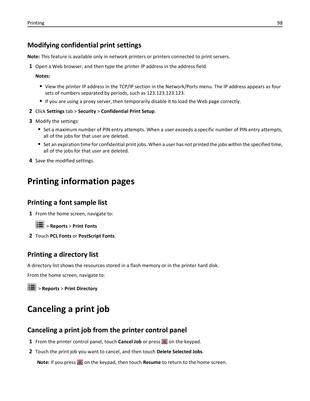 Lexmark MX711DE, MX711DTHE, MX710DE, 24T7406, 24T7401, 24TT204 manual Printing information pages, Canceling a print job 