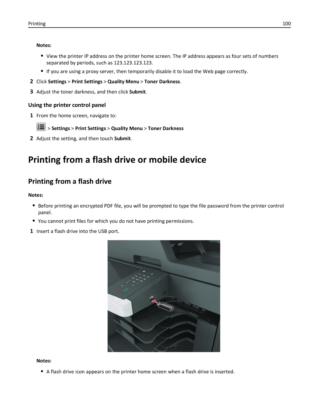 Lexmark MX810DFE Printing from a flash drive or mobile device, Click Settings Print Settings Quality Menu Toner Darkness 