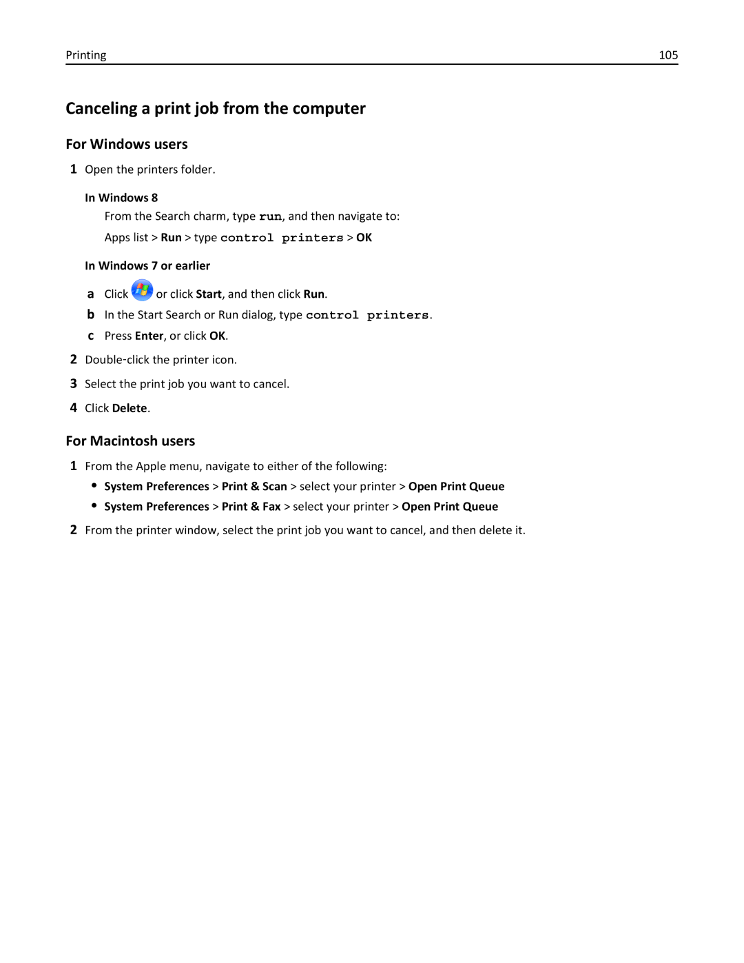 Lexmark 836, MX810DFE, 24T0041 manual Canceling a print job from the computer, Printing 105 