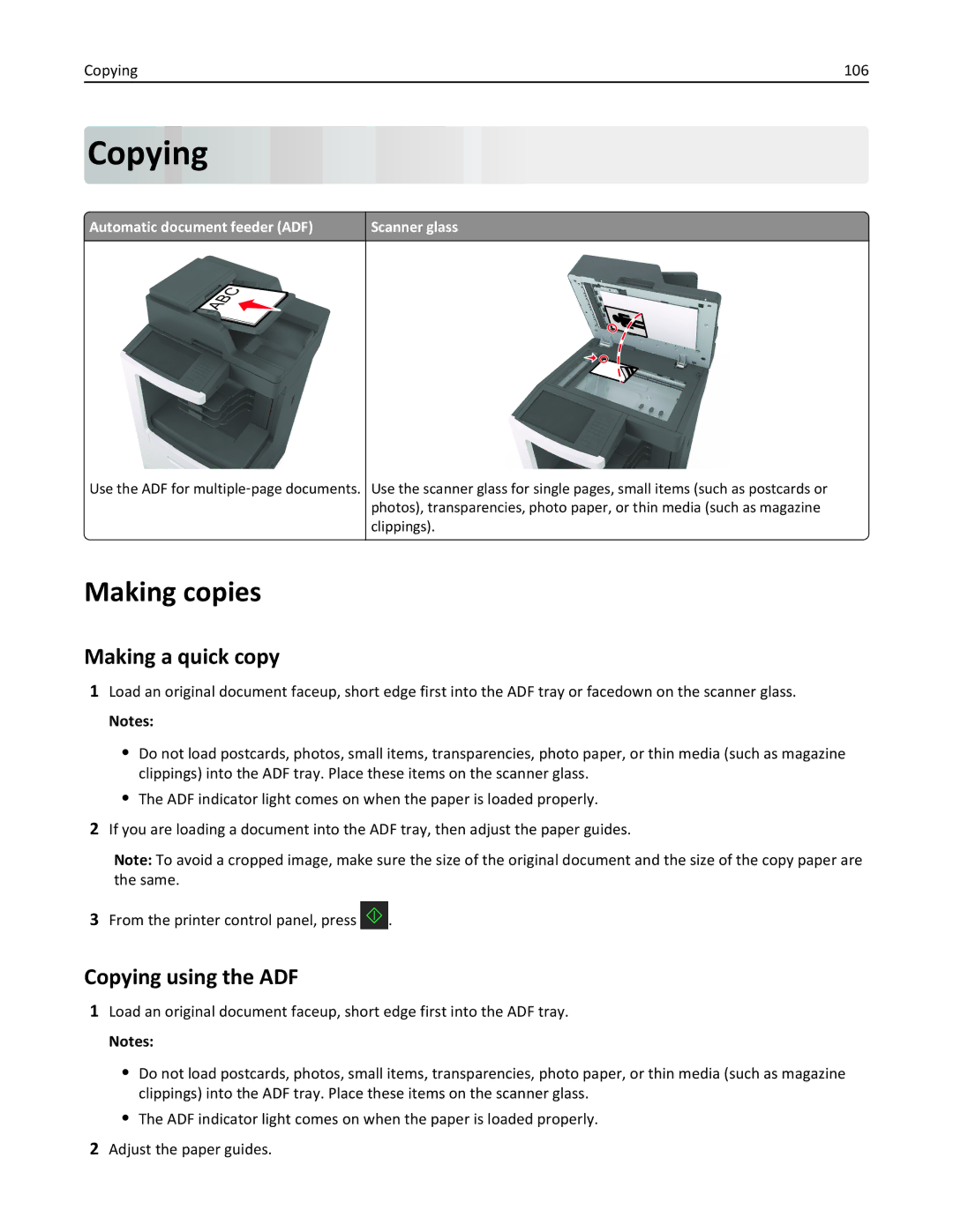 Lexmark MX810DFE, 836, 24T0041 manual Making copies, Making a quick copy, Copying using the ADF, Copying 106 