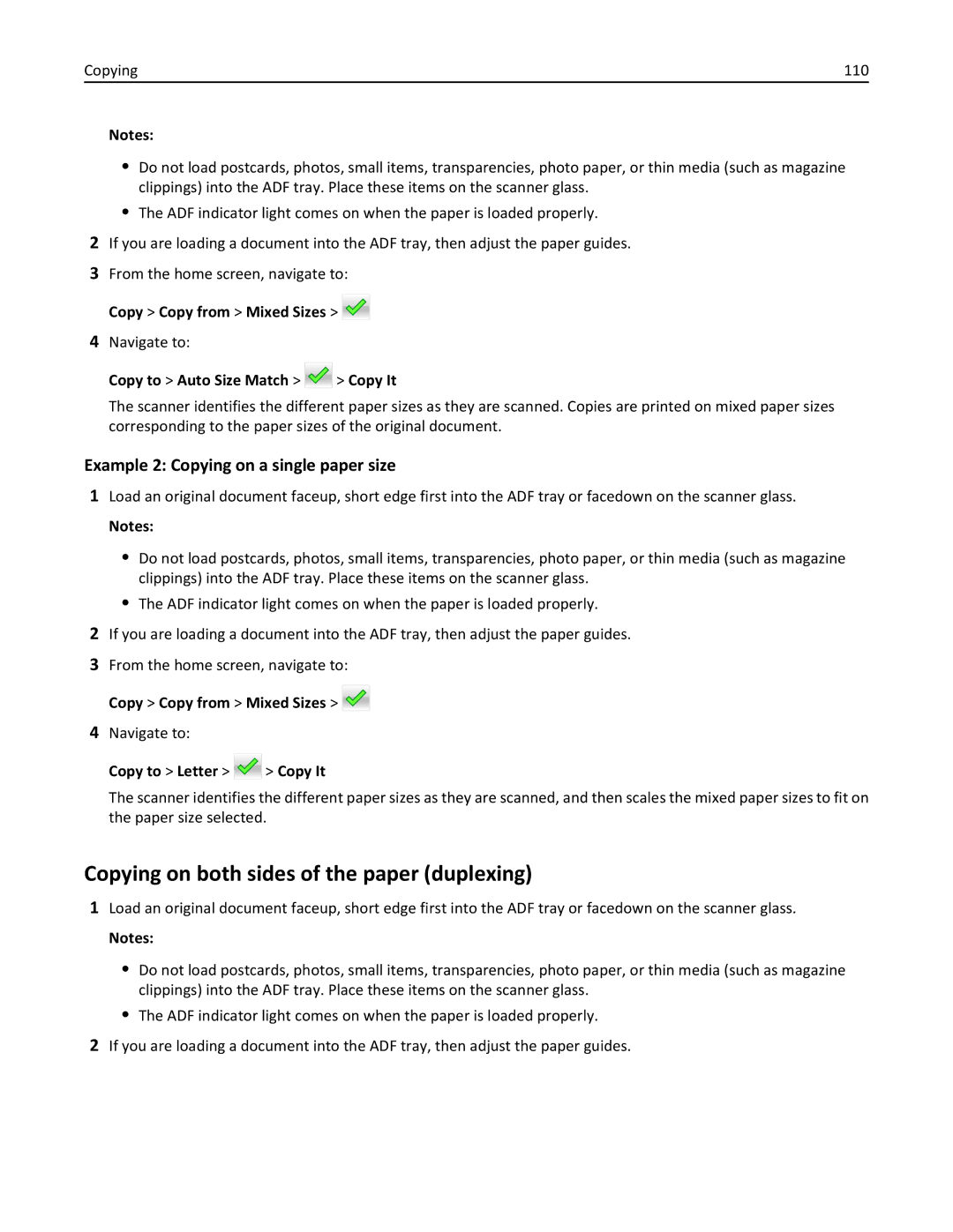 Lexmark MX810DFE, 836, 24T0041 Copying on both sides of the paper duplexing, Example 2 Copying on a single paper size 