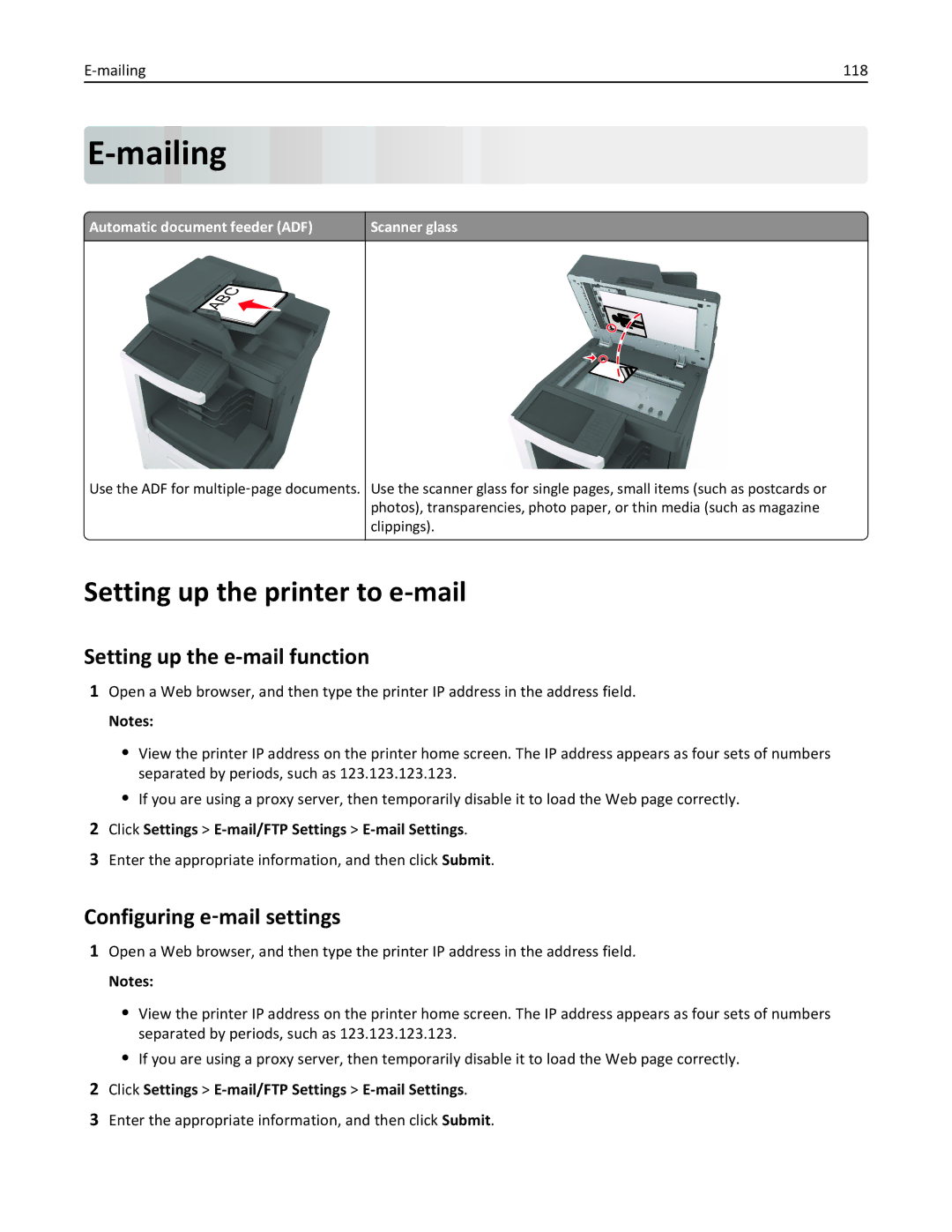 Lexmark MX810, 836 Mailing, Setting up the printer to e-mail, Setting up the e-mail function, Configuring e‑mail settings 