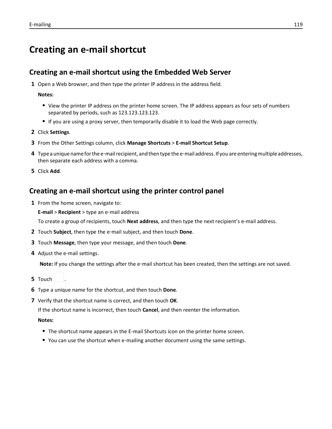 Lexmark 24T0041, MX810DFE, 836 Creating an e-mail shortcut using the Embedded Web Server, Mailing 119, Click Settings 