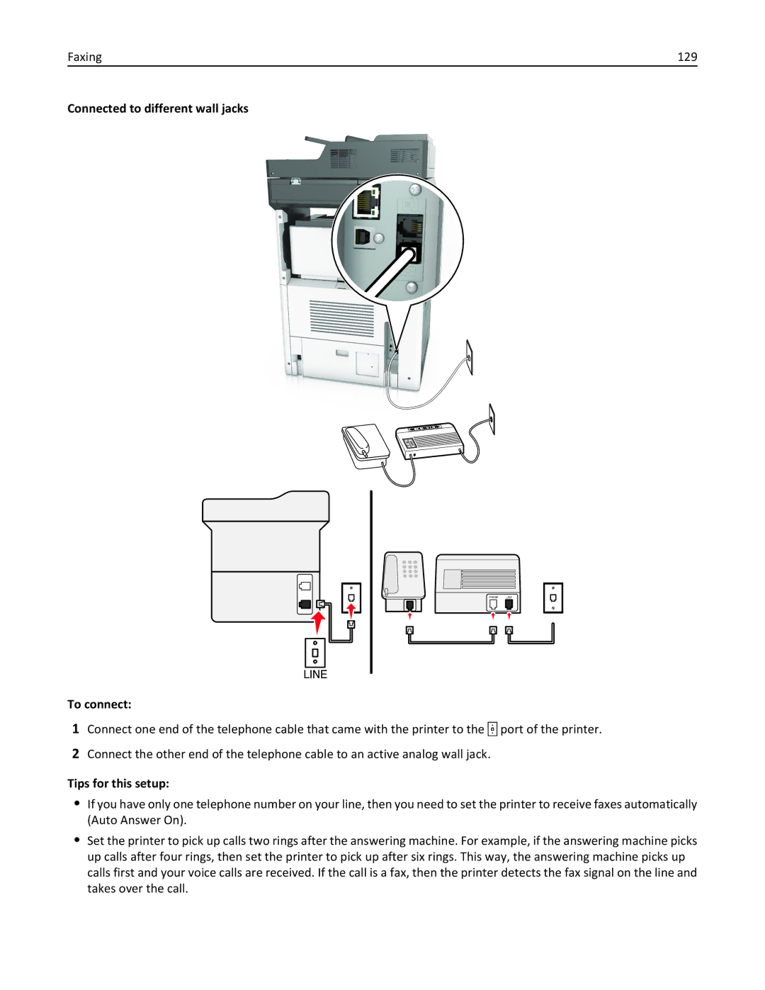 Lexmark 836, MX810DFE, 24T0041 manual Faxing 129, Connected to different wall jacks 