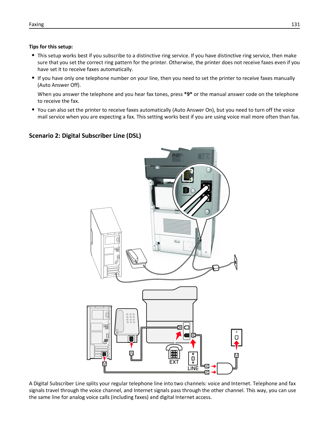 Lexmark 24T0041, MX810DFE, 836 manual Scenario 2 Digital Subscriber Line DSL, Faxing 131 