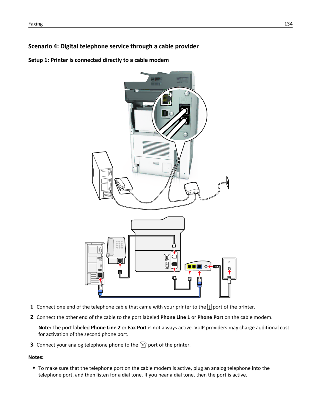 Lexmark MX810DFE, 836, 24T0041 manual Setup 1 Printer is connected directly to a cable modem, Faxing 134 