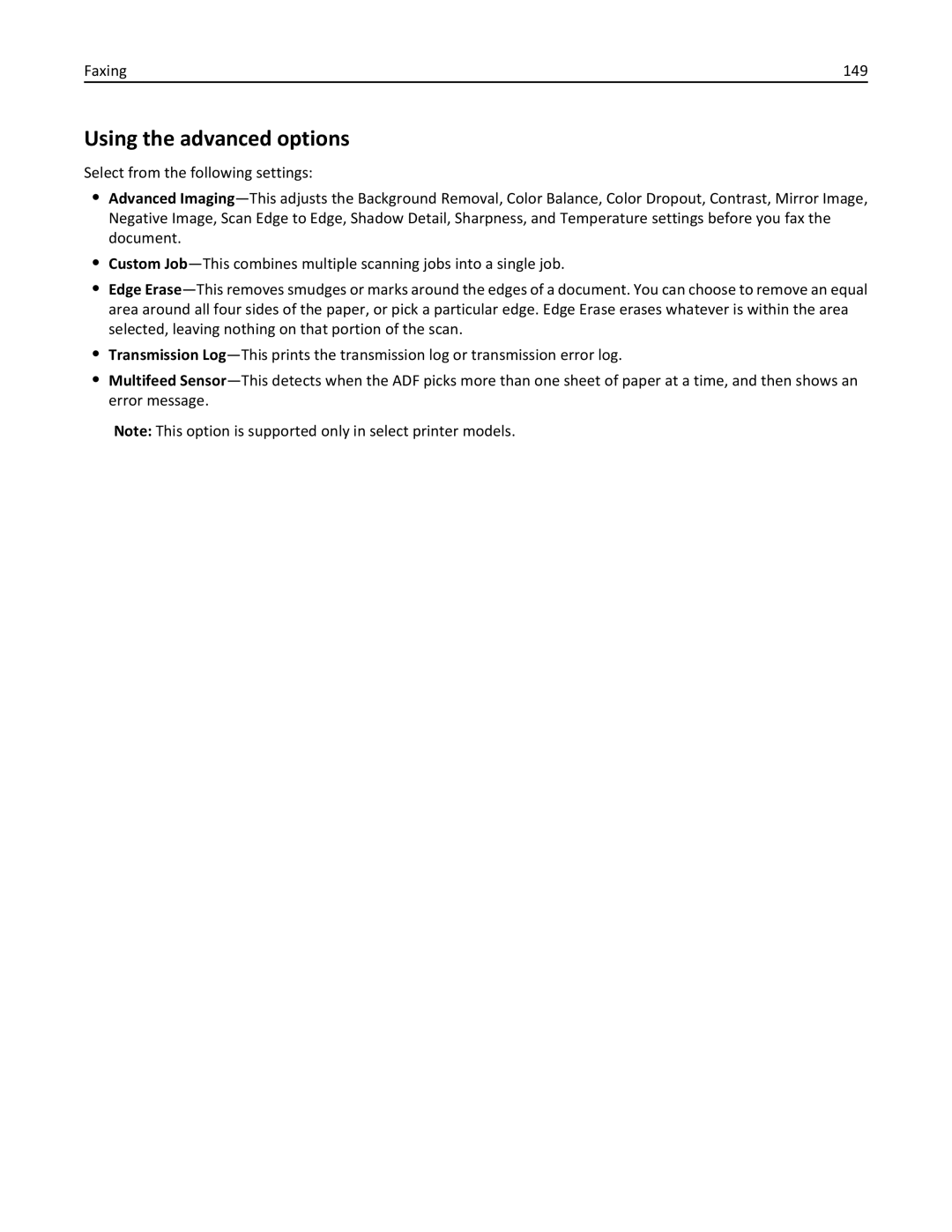 Lexmark 836, MX810DFE, 24T0041 manual Using the advanced options, Faxing 149 