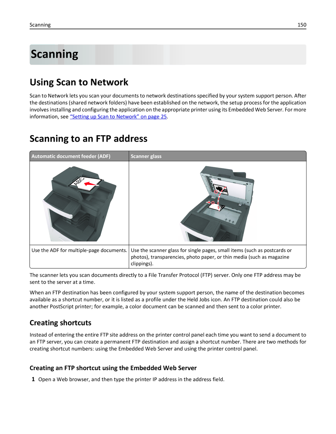 Lexmark MX810DFE, 836, 24T0041 manual Using Scan to Network, Scanning to an FTP address, Creating shortcuts 