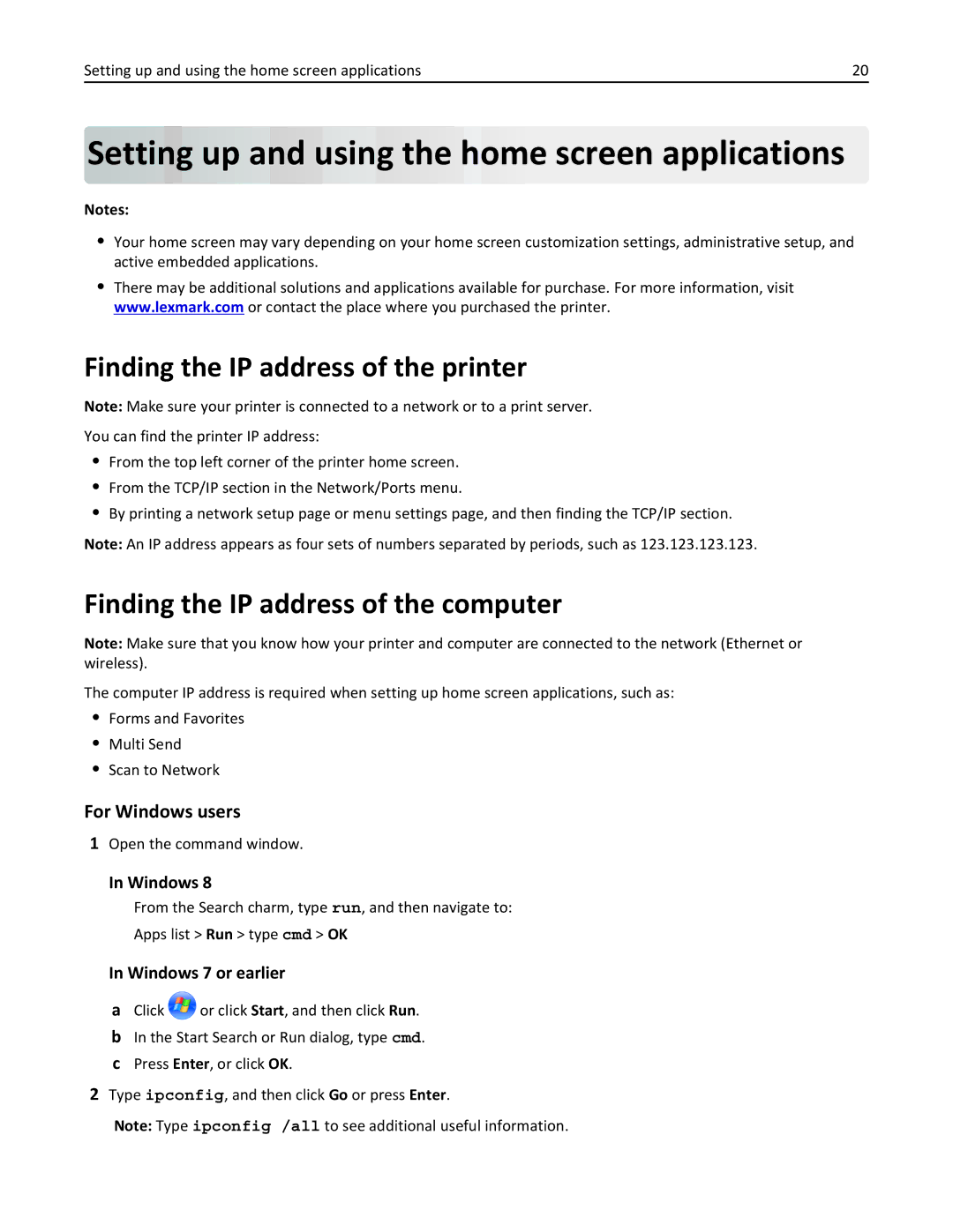 Lexmark MX810DFE, 836, 24T0041 Setting up and using the home screen applications, Finding the IP address of the printer 