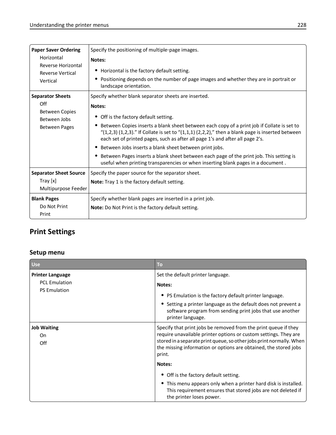 Lexmark MX810DFE, 836, 24T0041 manual Print Settings, Setup menu, Understanding the printer menus 228 