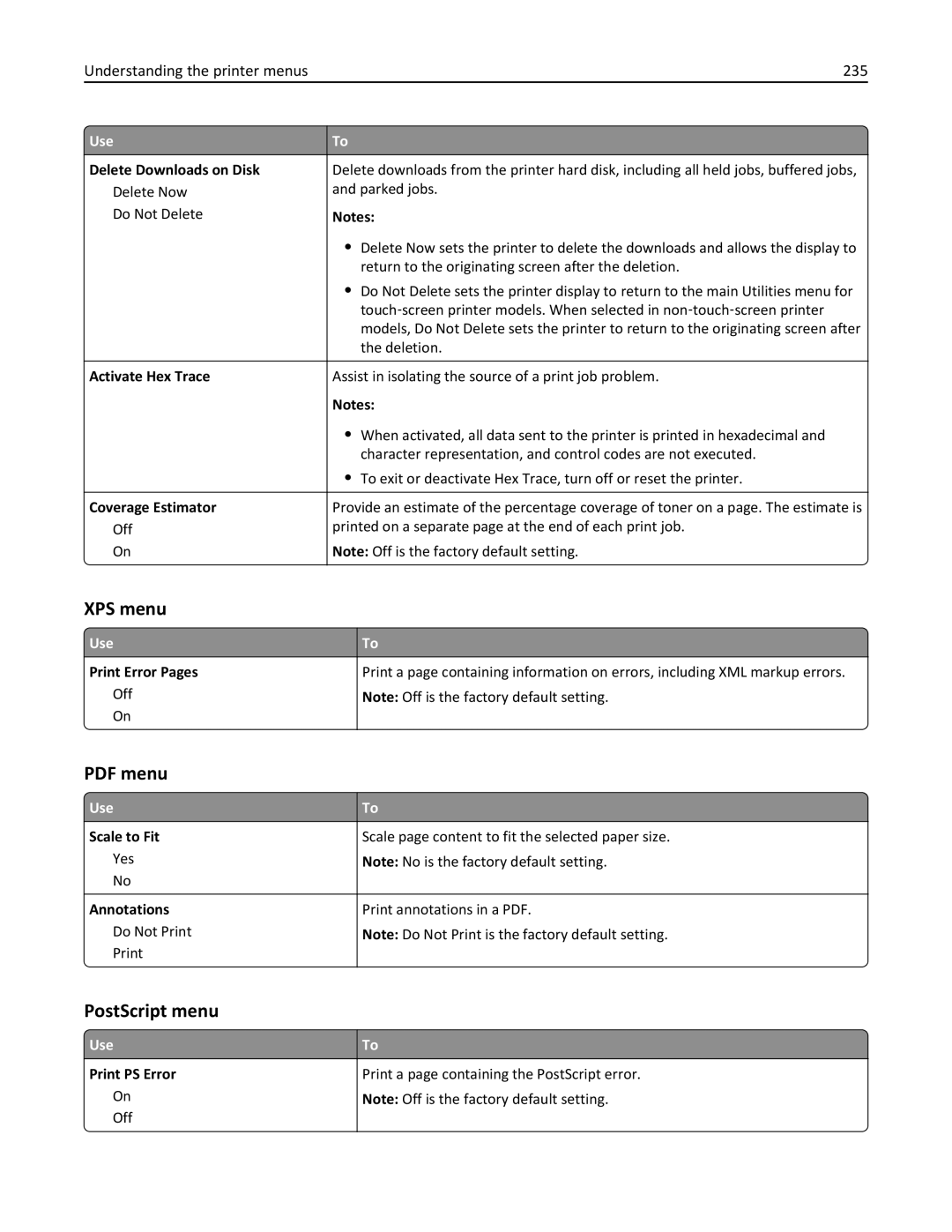 Lexmark 24T0041, MX810DFE, 836 manual XPS menu, PostScript menu, Understanding the printer menus 235 