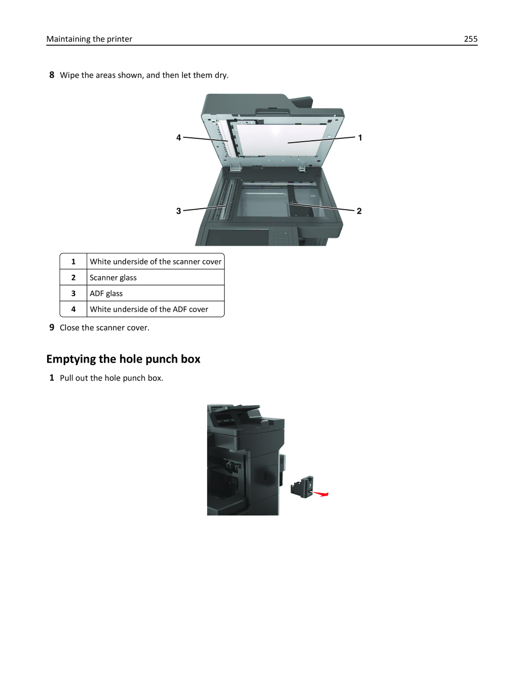 Lexmark 24T0041, MX810DFE, 836 manual Emptying the hole punch box, Close the scanner cover, Pull out the hole punch box 