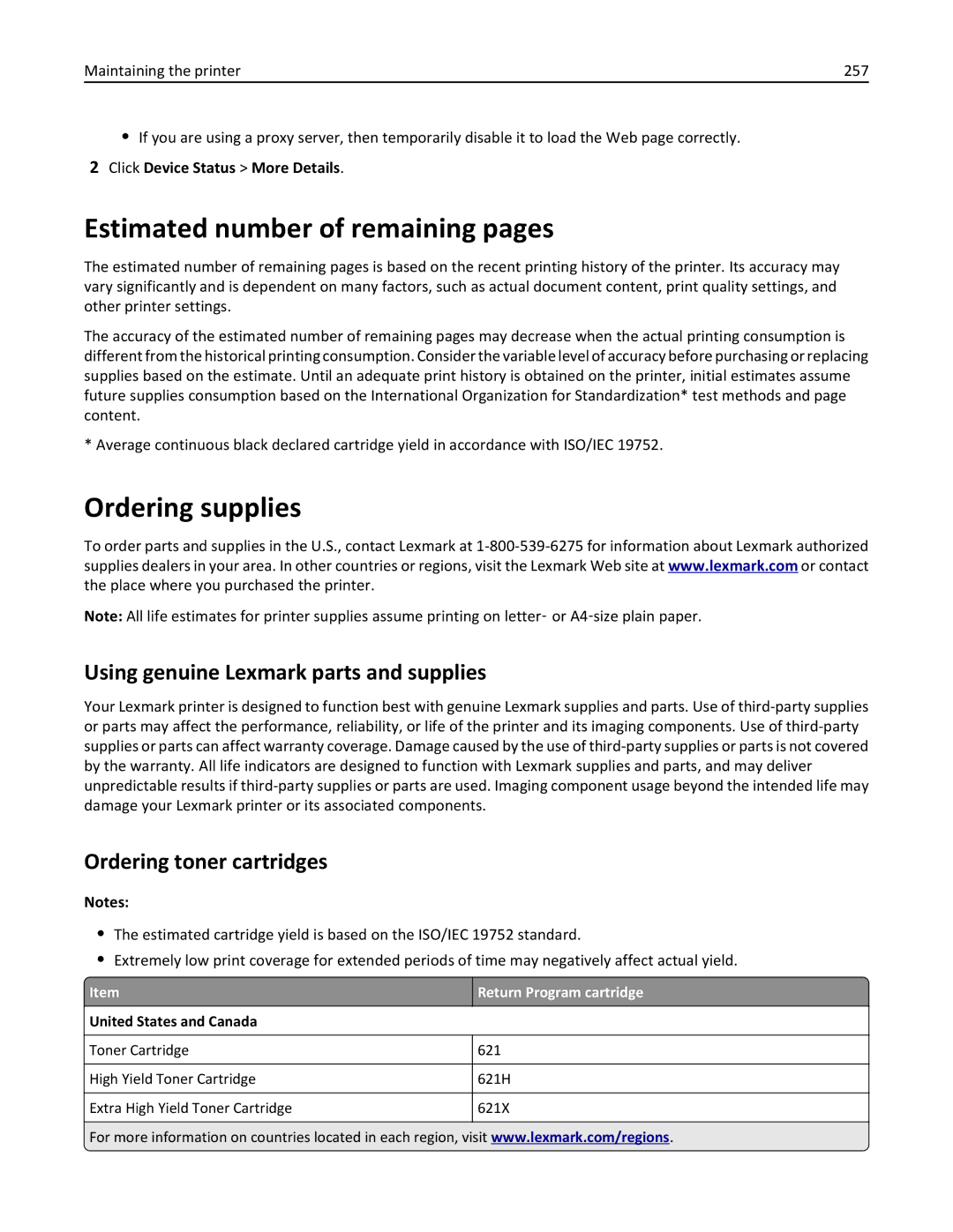 Lexmark 836, MX810DFE Estimated number of remaining pages, Ordering supplies, Using genuine Lexmark parts and supplies 